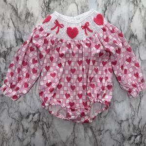 Girls Smocked Terry Heart Bow Bubble Romper Pink Check Top 12 18 mo Valentines